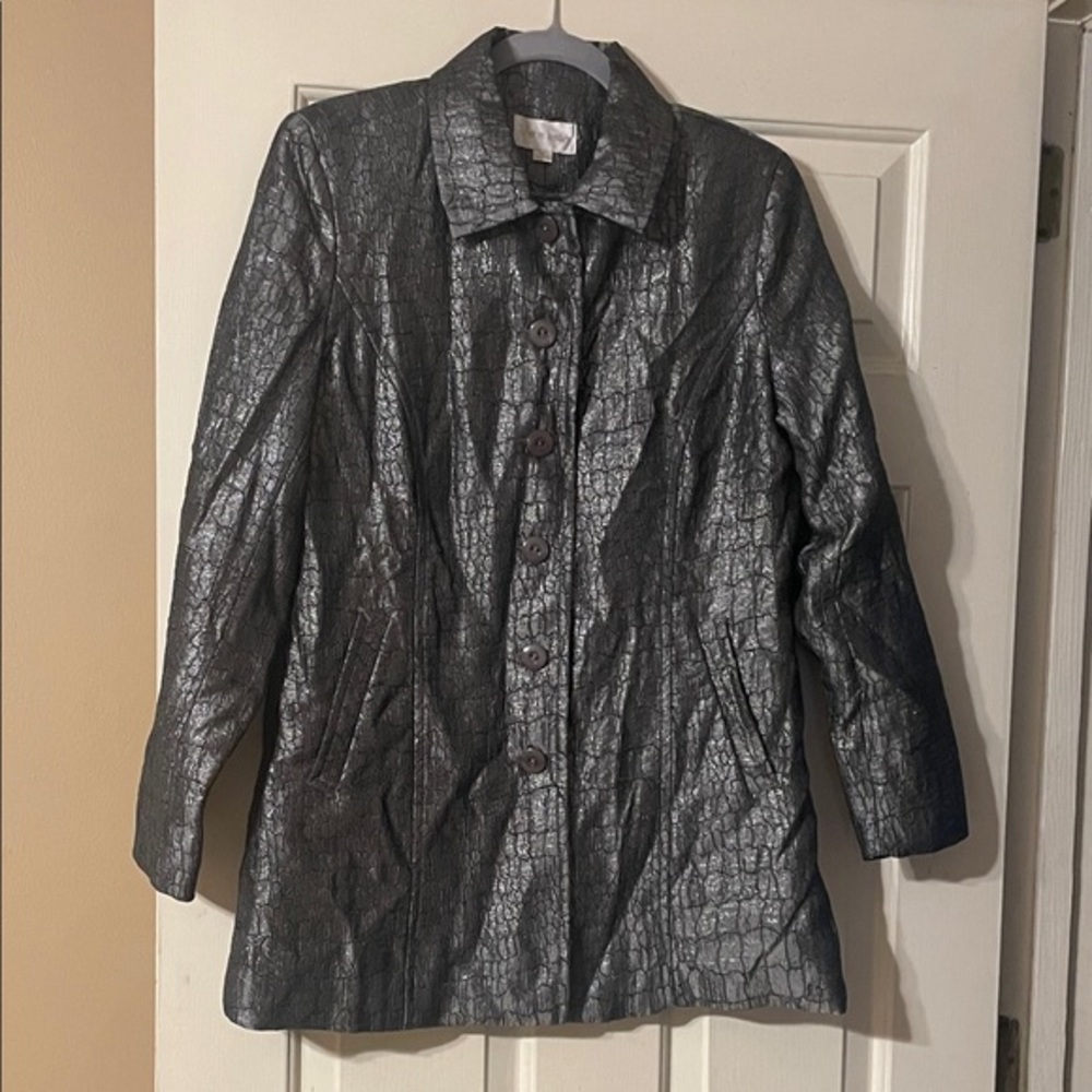 Erin London Shimmering Silver Trench Coat